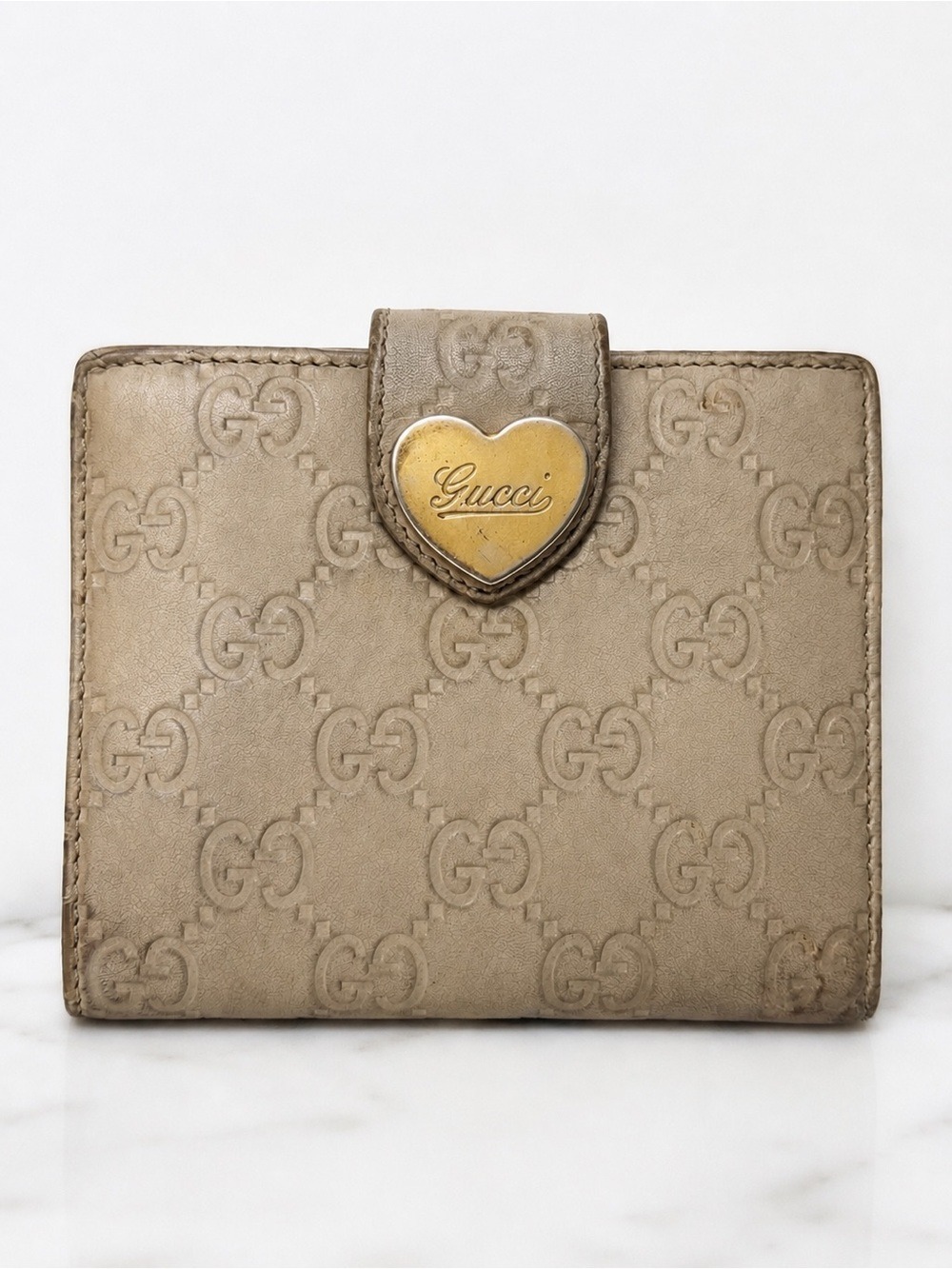 Gucci Beige Embossed Leather Wallet with Gold Heart Logo